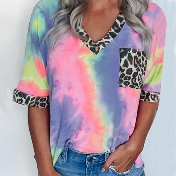 

women v neck t-shirt gradient multicolor pattern shirt short sleeve summer print t-shirt 2020 lady blusa casual loose, Black;blue
