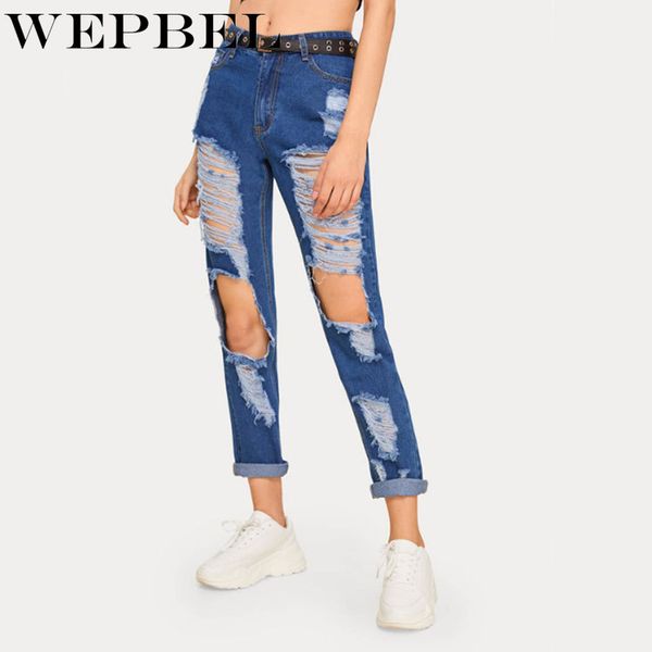 

wepbel women's jeans summer casual skinny solid color high waist hole denim pencil pants fashion, Blue