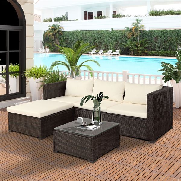 

us stock 5 pc outdoor rattan patio wicker sectional set with beige seat and back cushions, tempered glass table top