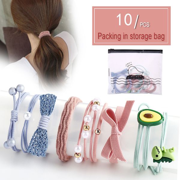 

10pcs/set hair band for women girls fashion colorful elastic rubber hairbands pearl cartoon ponytail holder hair rope jewelry hz, Pink