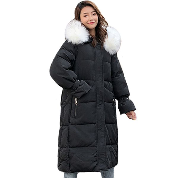 

korean style 2019 winter jacket women hooded with fur collar oversize puffer female down coat cotton padded warm long parka, Black