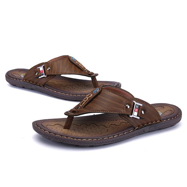 

2019 summer beach men flip flops pu leather slippers male flats sandals outdoor rubber thong beach shoes men leather brand new, Black