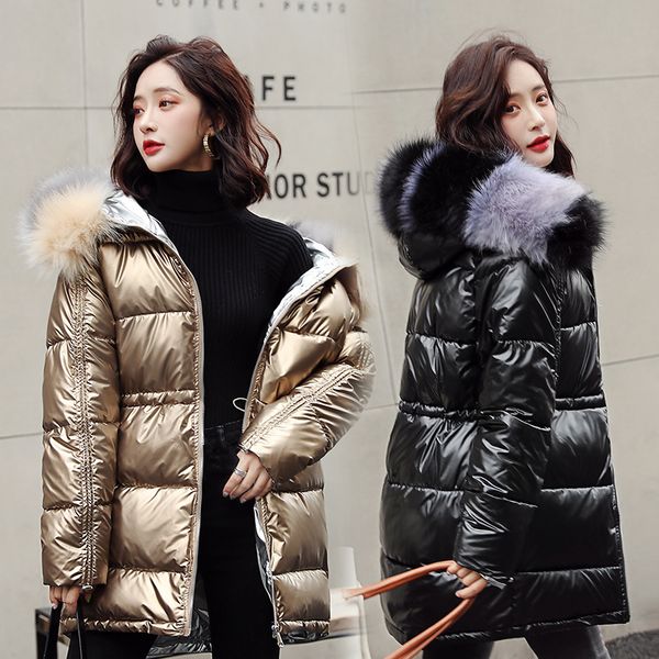 

2020winter women wear warm long hooded bright-faced parkas female pocket sintepon snow coats, Black