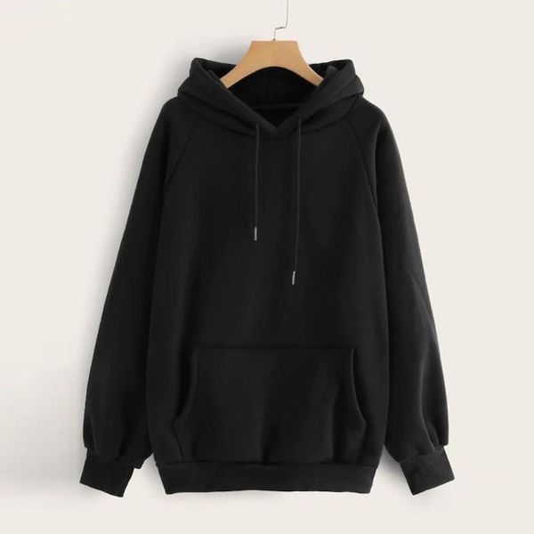 

solid color kpop hooded sweatshirt women harajuku pocket long sleeve pullover tracksuit sweatshirts female streetwear, Black