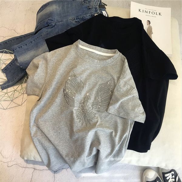 

wing t-shirt 2019 summer women's sequins short-sleeved black and white slim straight breathable wing t-shirt 2019 summer women's s