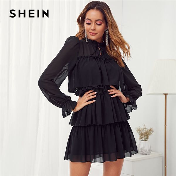 

shein black frill tie neck ruffle trim layered mesh party mini dress women autumn stand collar shift ladies elegant dresses, Black;pink