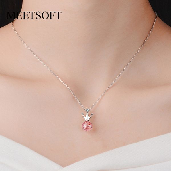 

pendant necklaces meetsoft 925 silver necklace minimalist clavicle chain female small strawberry quartz crown pink stone jewerly gift