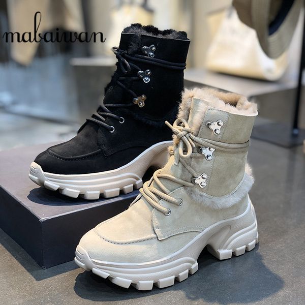 

mabaiwan 2020 genuine leather winter warm boots women lace up platform fur snow ankle boots new motorcycle mujer, Black