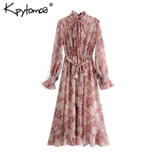 

vintage floral print sashes ruffled pleated dress women 2019 fashion bow tie collar long sleeve dresses casual vestidos mujer, Black;gray