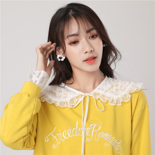 

women embroidery cardigan button sweater shirt cotton fake collar new rhinestone lace flower false detachable collar blouse, Black;gray