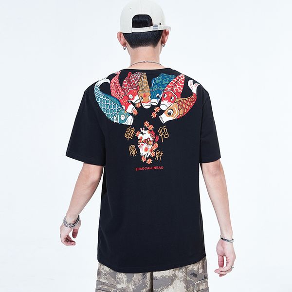 

men's short sleeve t-shirt chinese wind carp print round collar cotton t-shirt tide brand 2020 summer new, White;black