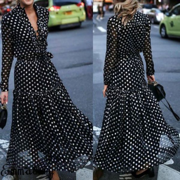 

новая мода женщины горошек платье шифон с длинным рукавом сыпучие погружение v шеи летние каникулы пляж дамы шифон длинное платье макси, Black;gray