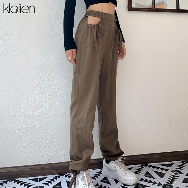 

klalien fashion high street casual loose high waist wide leg pants women solid hollow out bandage female trousers 2020 new, Black;white