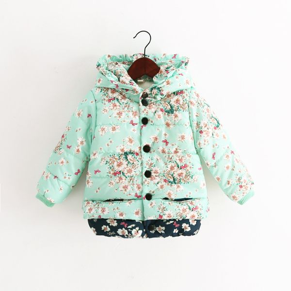 

new retail children outwear warm floral print hooded hair ball cotton girls coat flower thick outfits kids clothes children, Blue;gray