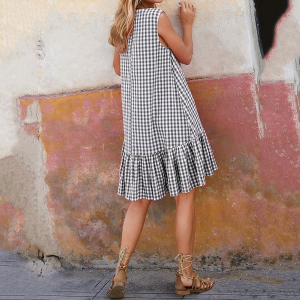 

2019 summer plaid dress fashion round collar lattice splicing sleeveless casual loose knee-length women dress, Black;gray