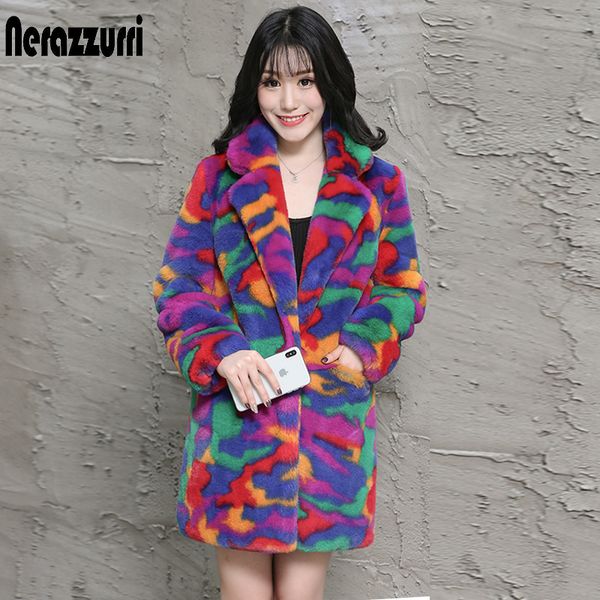 

nerazzurri multi color fluffy faux fur coat notch lapel long sleeve colorful warm soft plus size winter women faux fur jacket, Black