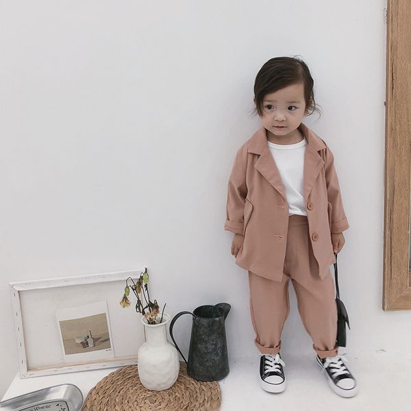 

korean style 1-7 years fashion girls suits kids casual solid color coat and pants 2pcs sets y200325, White