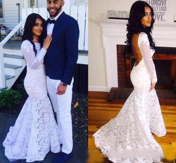 

backless full lace wedding dresses sheer long sleeves mermaid bridal dress south african wedding gowns custom made, White