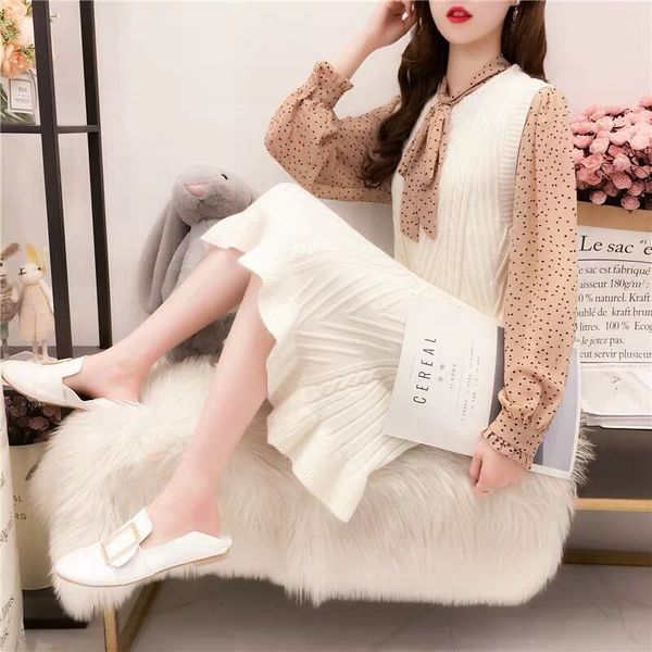 

two piece dress women 2021 spring autumn suspenders vest sweater suit female print chiffon blouse+ knitted dresses sets y446, White