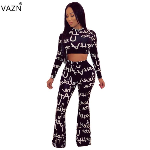 

vazn spring new novelty 2019 women 2 piece set letter o-neck full sleeve full length hollow out age reduction set cy1120, White