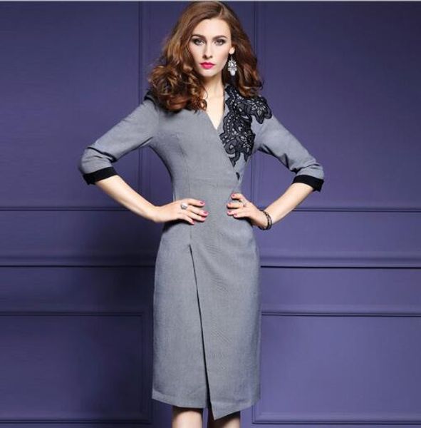 

spring new european and american large women's embroidery medium length irregular v-neck long sleeve dress, Black;gray