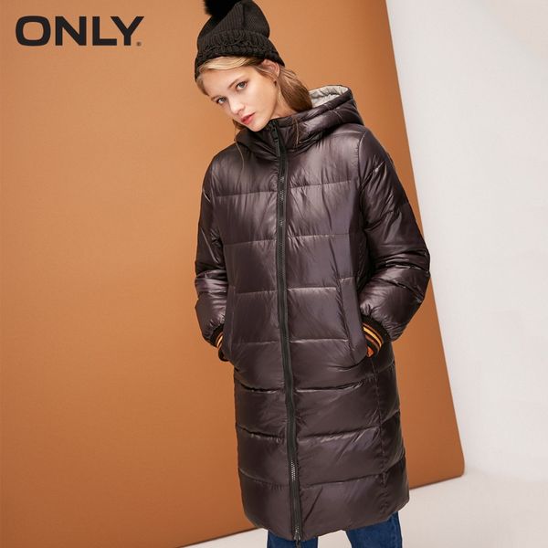 

only women's reversible zip long hooded white duck down jacket |118312553, Black