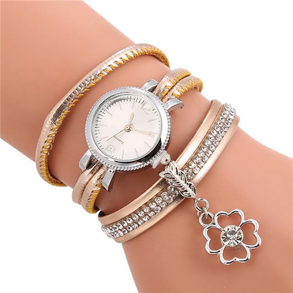 

women pendant watch new arrival leather band stainless steel analog quartz wristwatch lady flower bracelet watches, Slivery;brown