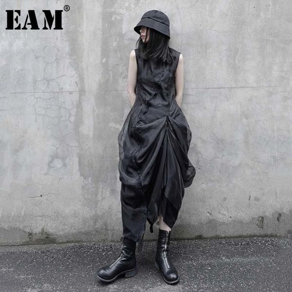 

eam] women black pleated mesh split shirt dress new stand collar sleeveless loose fit fashion tide spring summer 2020 1u731, Black;gray