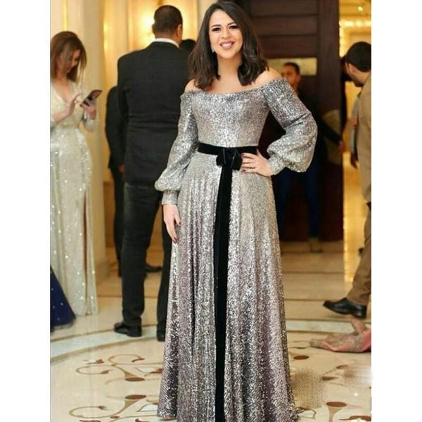 

plus size arabic muslim evening formal dresses 2020 silver sequined long sleeve special occasion party evening gown with black sash, Black;red