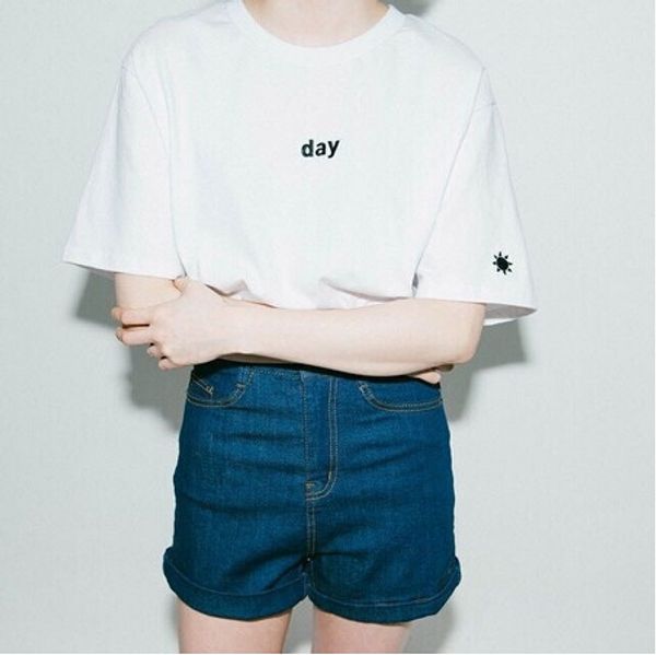 

2020 fashion casual female women t-shirt night and day letters printed short sleeve shirt summer gilrs crop white black