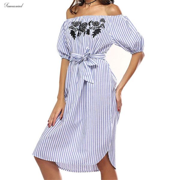 

полосатое платье женщины с плечом 2019 мода короткого рукава разрез шеи печати цветочного vestidos платье пляж нашивкой 4243, Black;gray