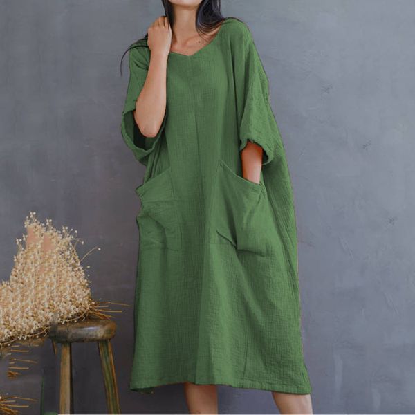 

women summer dress solid half sleeve two big pockets cotton and linen loose casual dress zomerjurk dames 2019, Black;gray