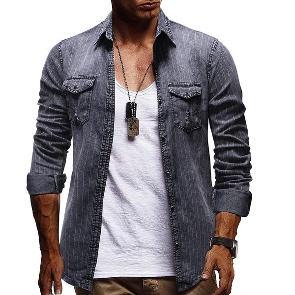 

striped denim social shirt dress cotton long sleeve jeans shirts men's blouse men gray blue new arrival, White;black