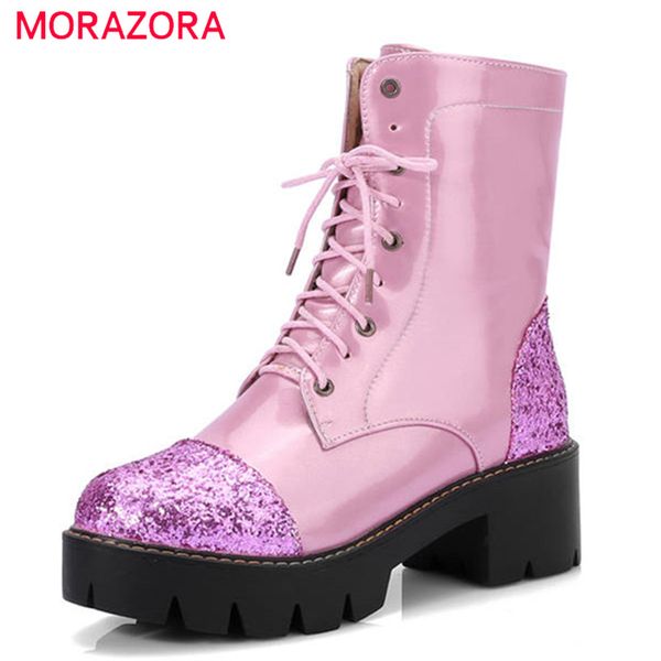 

morazora 2020 new style ankle boots for women lace up warm platform boots fashion punk casual square heels shoes, Black