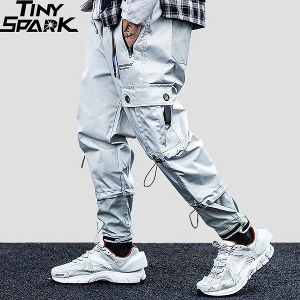 

men hip hip cargo pants zipper pockets harajuku streetwear joggers pants 2019 casual belt tactical baggy harem trousers, Black