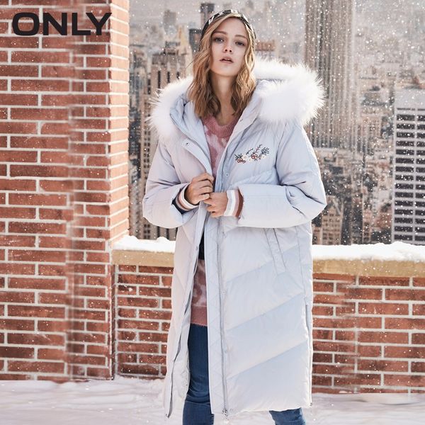 

only women's raccoon fur collar embroidered down jacket |118323533, Black