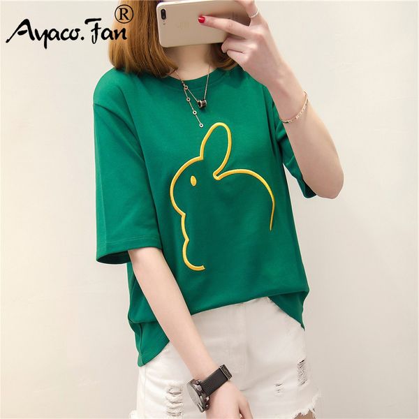 

plus size summer 2019 new cute animal embroidery print women t-shirts o-neck loose female tees casual lady girls t-shirt, Black