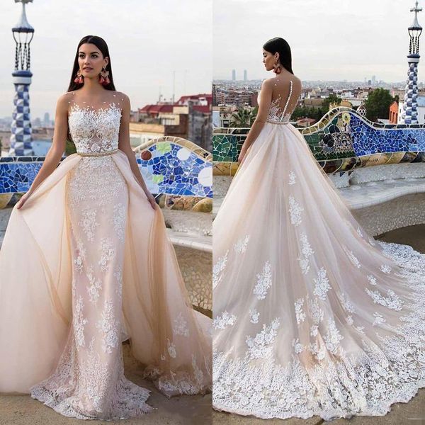 

современная milla нов люкс свадебных платьев champagne lace бисер sheer шея суд поезд съемного overskirt мантии country garden, White