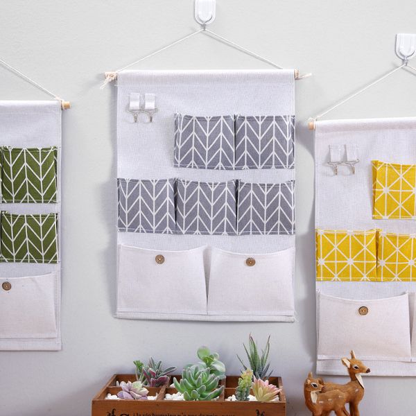 

50pcs 7 pockets wall hanging organizers kitchen bathroom sundries storage bag cotton linen holder storage bags door hanging sundry bags