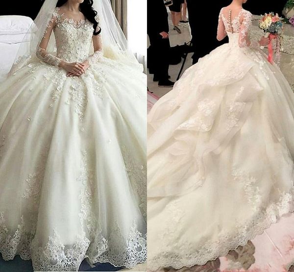 

dubai arabic 2020 long sleeve ball gown wedding dresses sheer jewel neck lace appliqued bridal gowns chapel train vestidos de novia al4879, White
