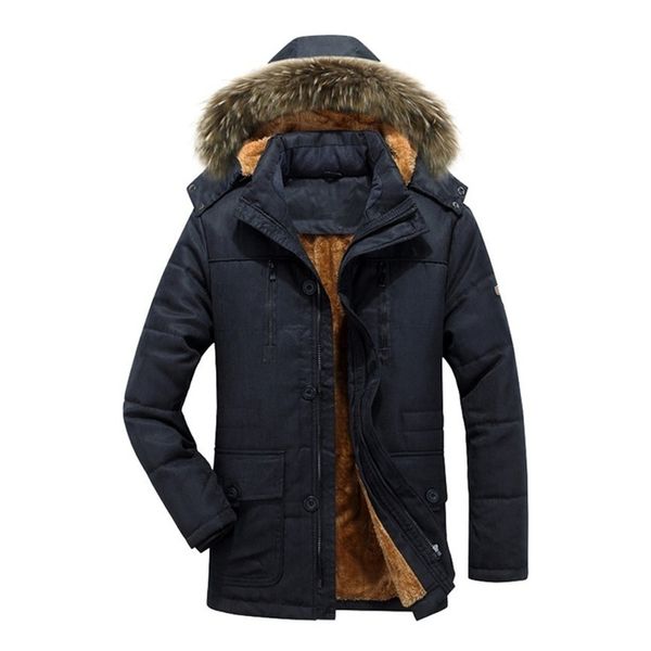 

winter plus fleece jackets coats men casual cotton coat male detachable fur hats pocket warm jacket coat outerwear male overcoat, Black