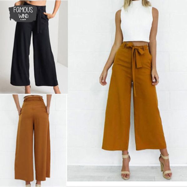 

womens palazzo fashion wide pants culottes loose high waist solid leg long trousers solid summer autumn, Black;white