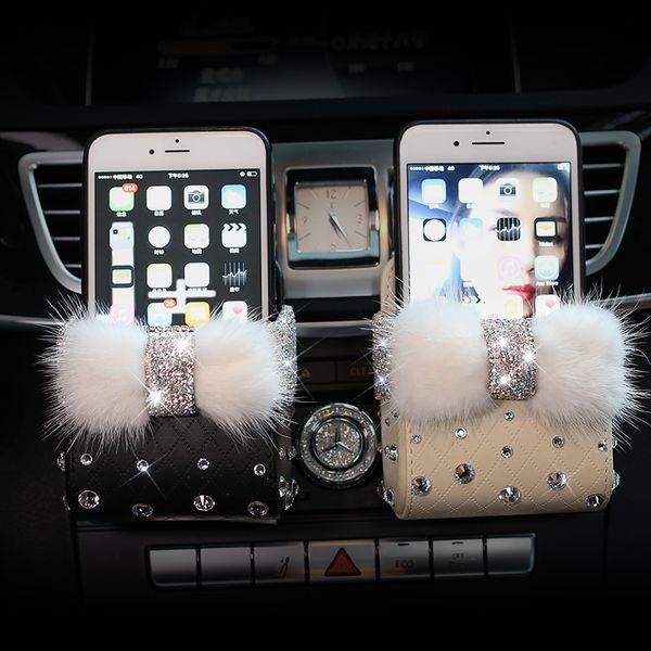 

crystal diamond plush bow car outlet air vent trash box mobile phone holder organizer crystal hanging storage bag car styling