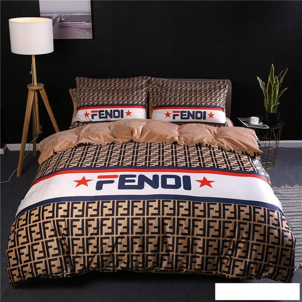 Brown F Letter Print Bedding Sets Stripe Queen King Size Full