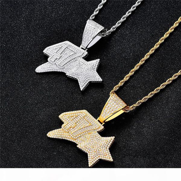 

number 47 star hip hop necklace for rappers new fashion pendant necklace bling cz stone gold plated hiphop jewelry men, Silver