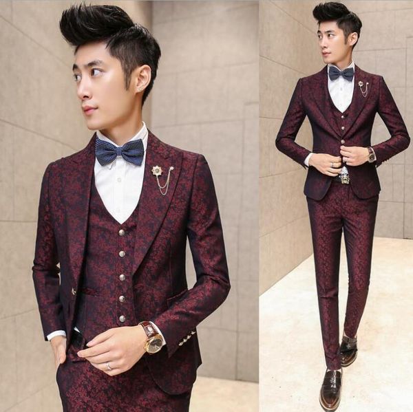 

m-xxl new personalized hair stylist nightclub flower suit men's korean version of the slim three-piece suit singer costumes, White;black
