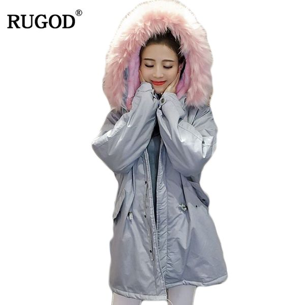 

rugod 2018 winter jacket women slim tunic long lambwool parka faux fur collar hooded parkas thick warm winter coat female, Black