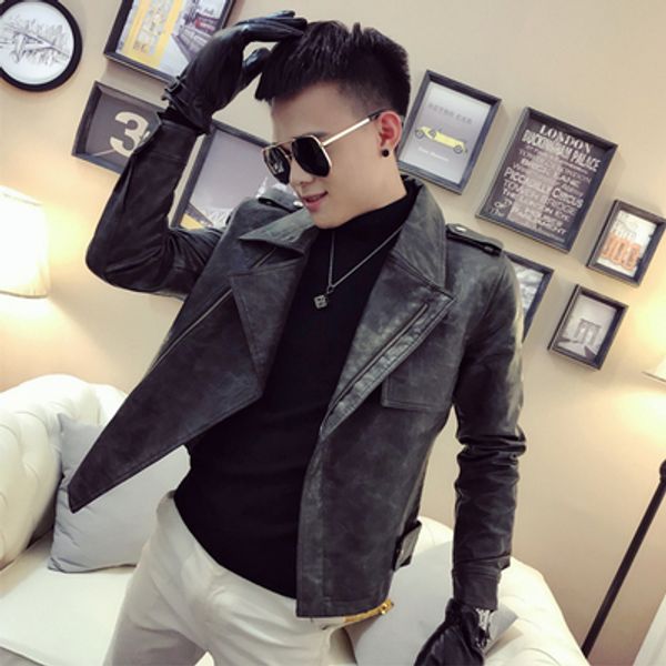 

2019 autumn new leather clothing male korean version of the handsome spirit guy leather jacket trend lapel men's casual jacket, Black