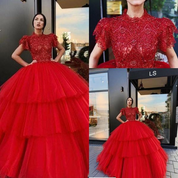 

new red ball gown quinceanera dresses high neck illusion short sleeves lace crystal beads puffy tiered sweet 16 party prom evening gowns, Blue;red