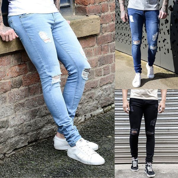 

ripped skinny stretch jeans men denim blue pants biker hole pencil black jean streetwear trouser slim fit jogger classic clothes